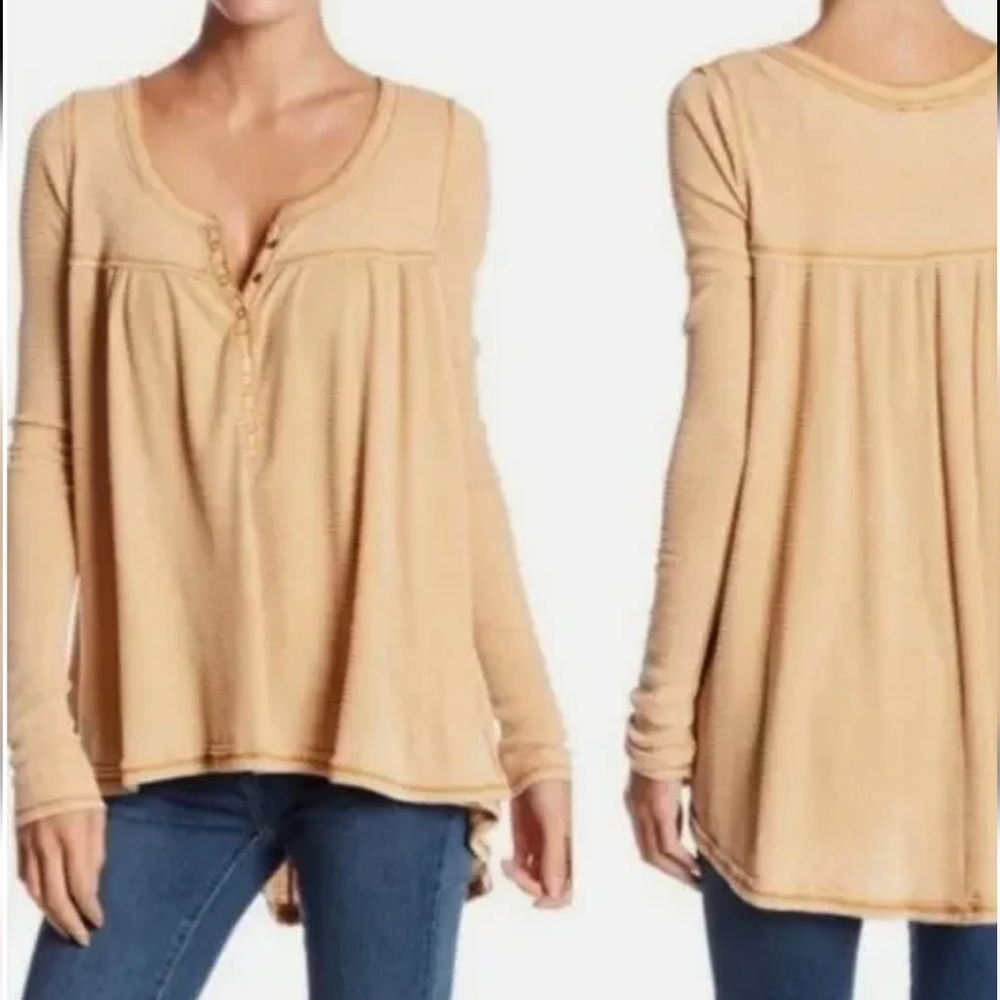 Free People We The Free Kai Henley XS Vintage Wash Gold Waffle Babydoll Top